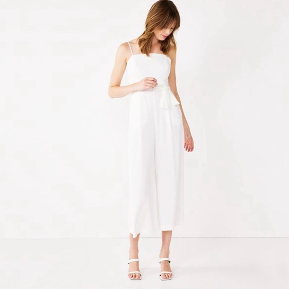 Nine West White Cropped Jumpsuit with Tie Belt